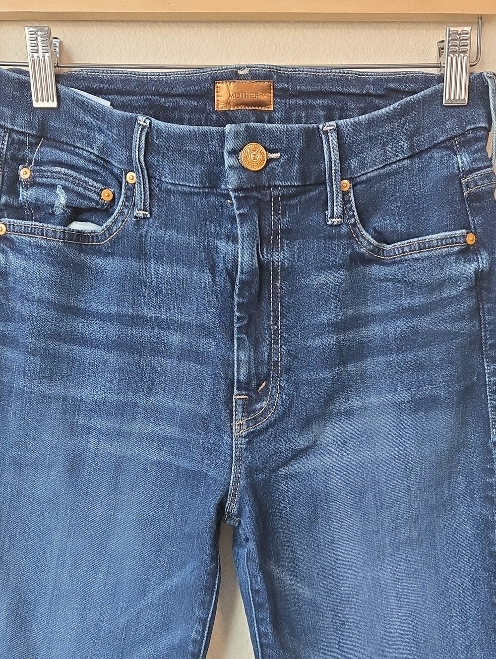 MOTHER Dark Blue High-Rise Jeans with Gold Hardware